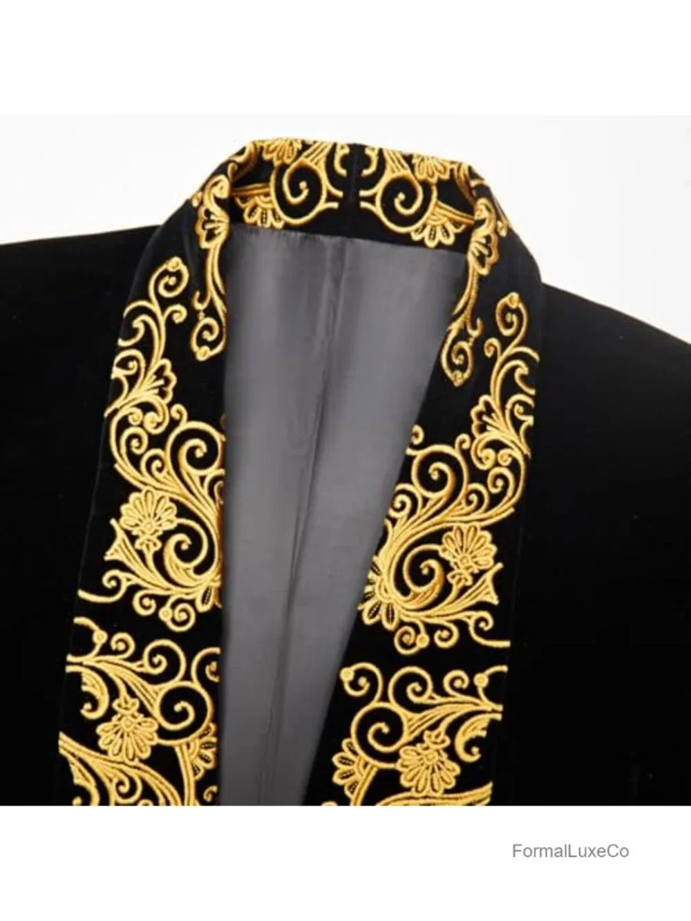 Men's Velvet Blazer Tuxedo Jacket with Gold Embroidery, Formal Wedding Prom